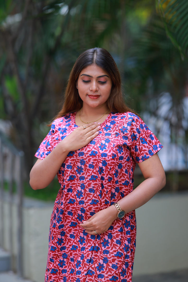 Pink With Blue Flower Design Vertical Side Zip Feeding Nighty - AHA Nightwears