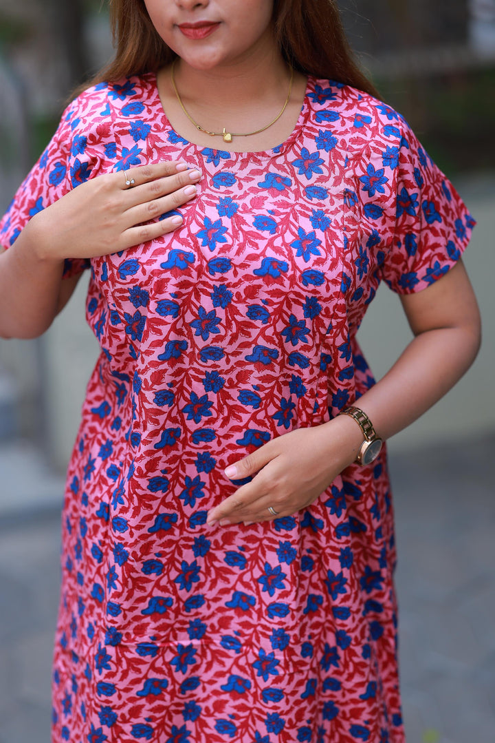 Pink With Blue Flower Design Vertical Side Zip Feeding Nighty - AHA Nightwears