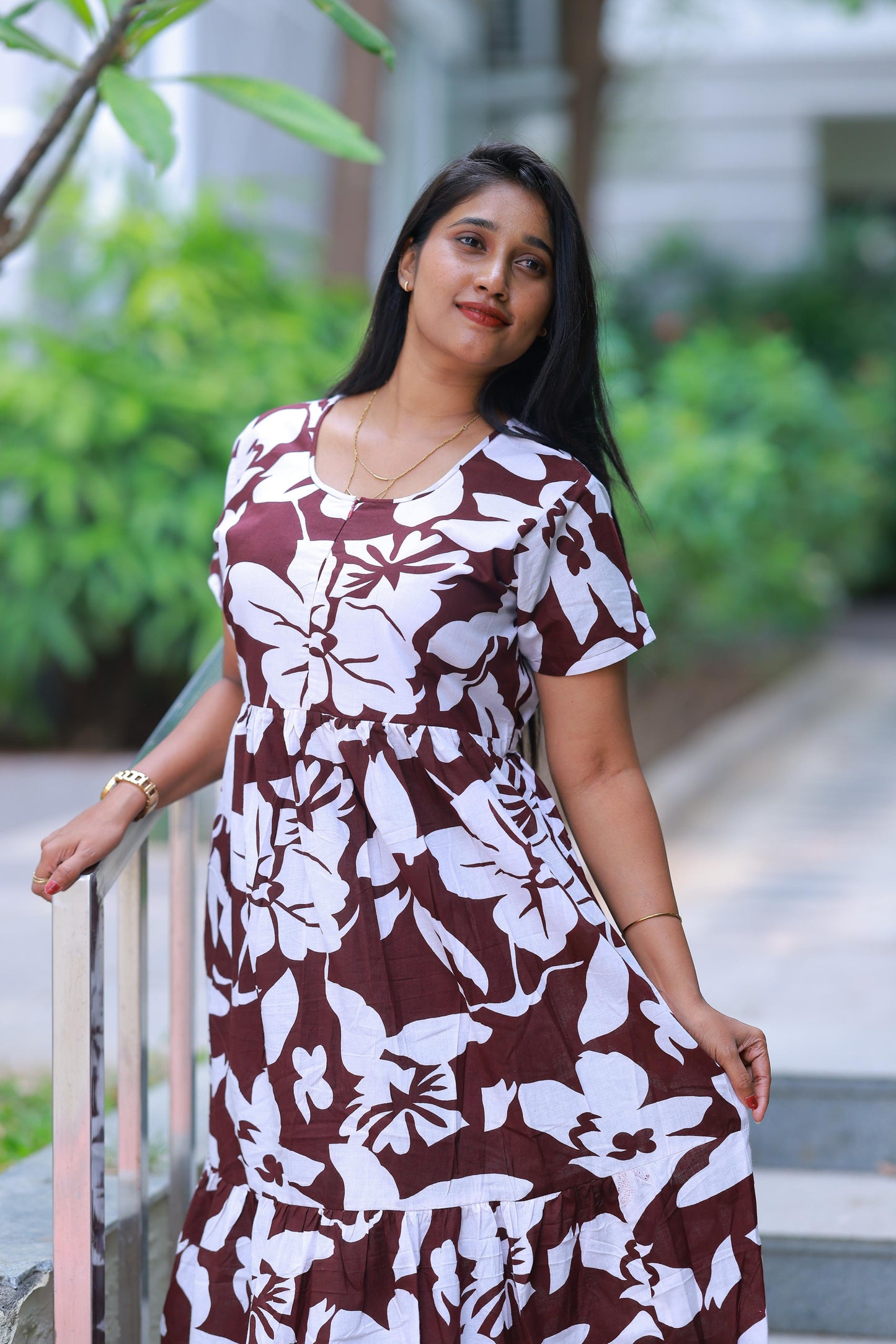 Drak Meroon with  White desinge center zip Frock - AHA Nightwears