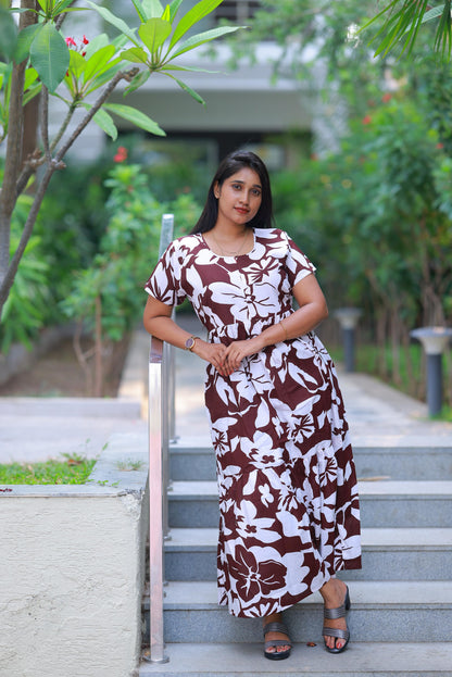 Drak Meroon with  White desinge center zip Frock - AHA Nightwears