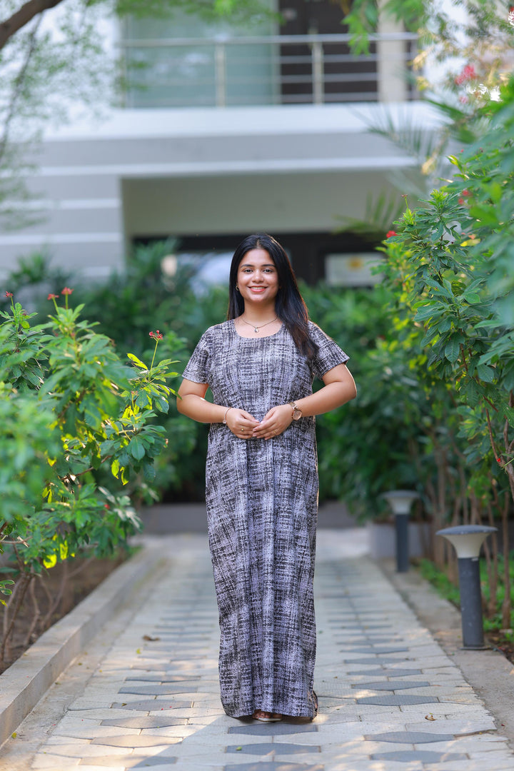 Gray & White With Black Patti Design Vertical Side Zip Feeding Nighty - AHA Nightwears