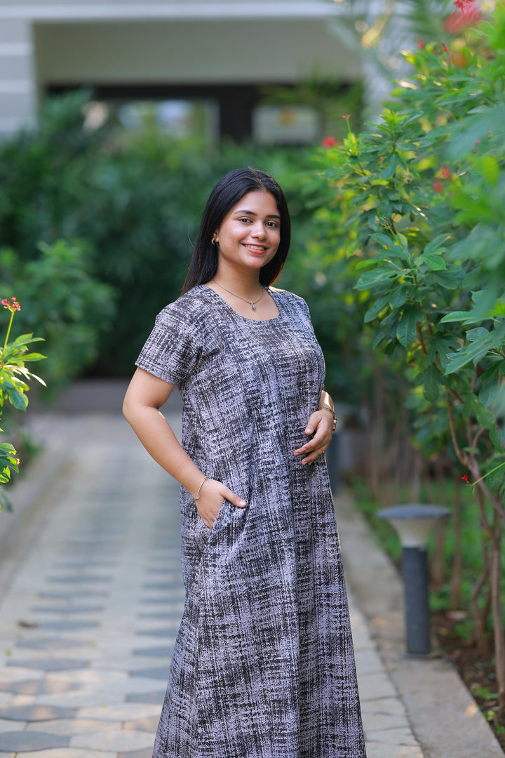 Gray & White With Black Patti Design Vertical Side Zip Feeding Nighty - AHA Nightwears