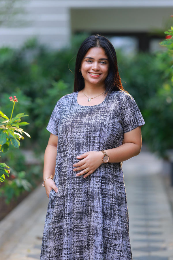 Gray & White With Black Patti Design Vertical Side Zip Feeding Nighty - AHA Nightwears