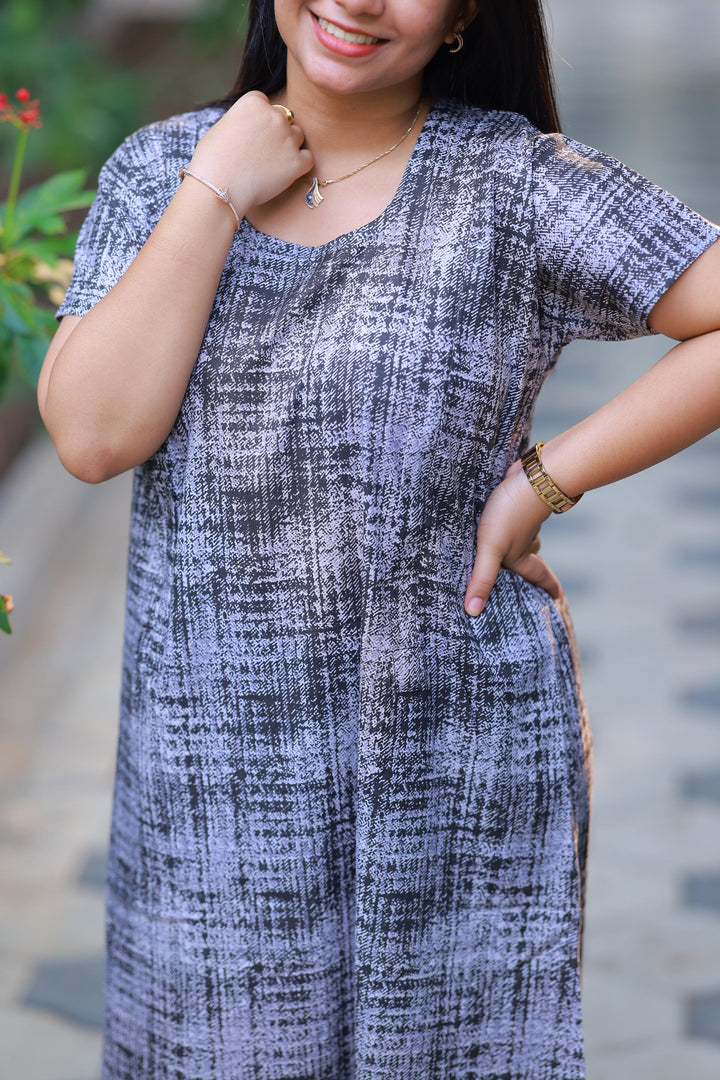 Gray & White With Black Patti Design Vertical Side Zip Feeding Nighty - AHA Nightwears