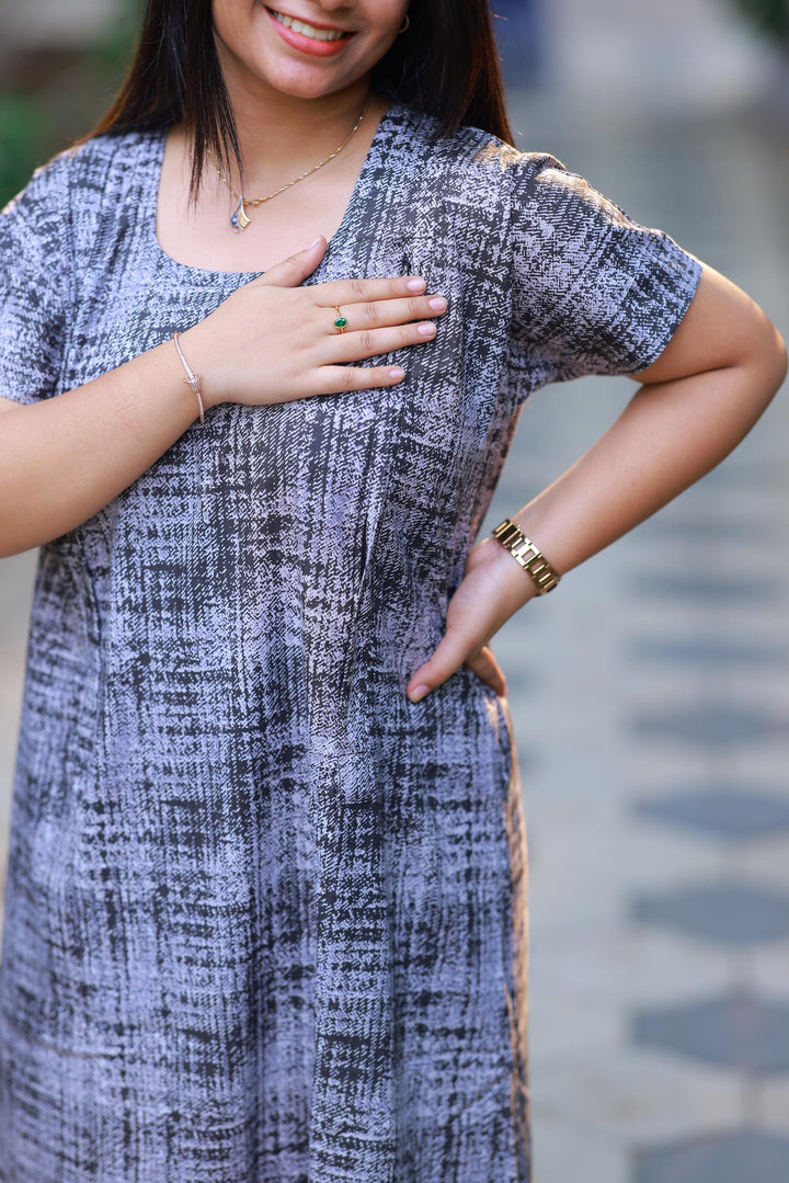 Gray & White With Black Patti Design Vertical Side Zip Feeding Nighty - AHA Nightwears