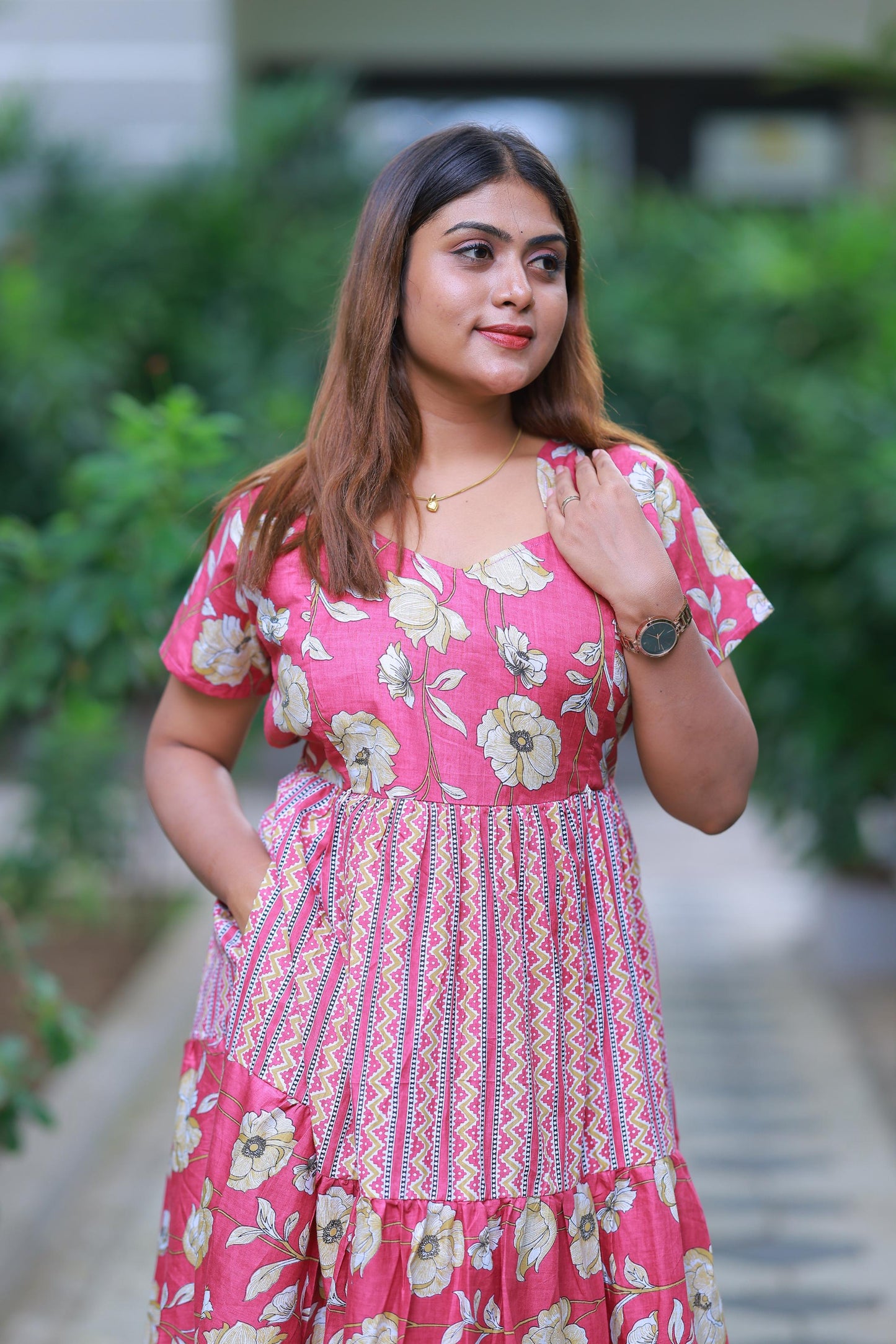 Megenta With Sandal Flower Design Pure cotton 3 Layer frock with Side zip