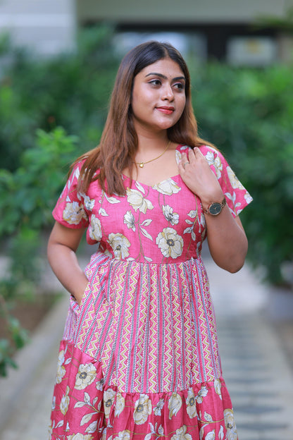Megenta With Sandal Flower Design Pure cotton 3 Layer frock with Side zip