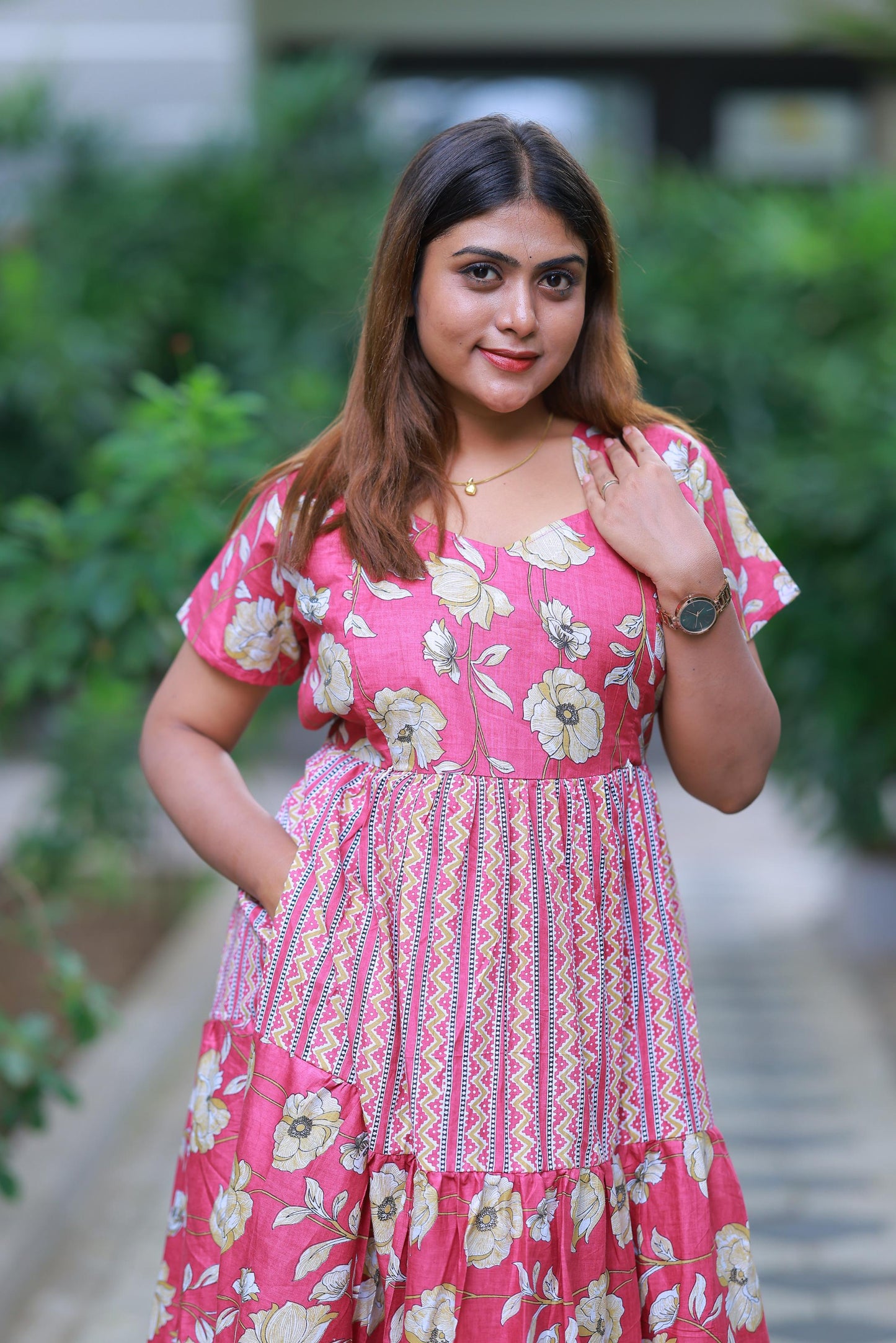 Megenta With Sandal Flower Design Pure cotton 3 Layer frock with Side zip