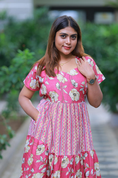 Megenta With Sandal Flower Design Pure cotton 3 Layer frock with Side zip