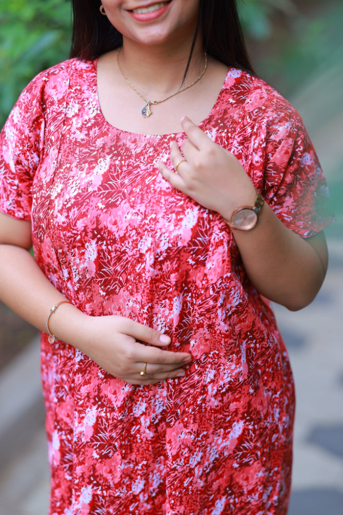 Drak Pink With White Patti Design Vertical Side Zip Feeding Nighty - AHA Nightwears