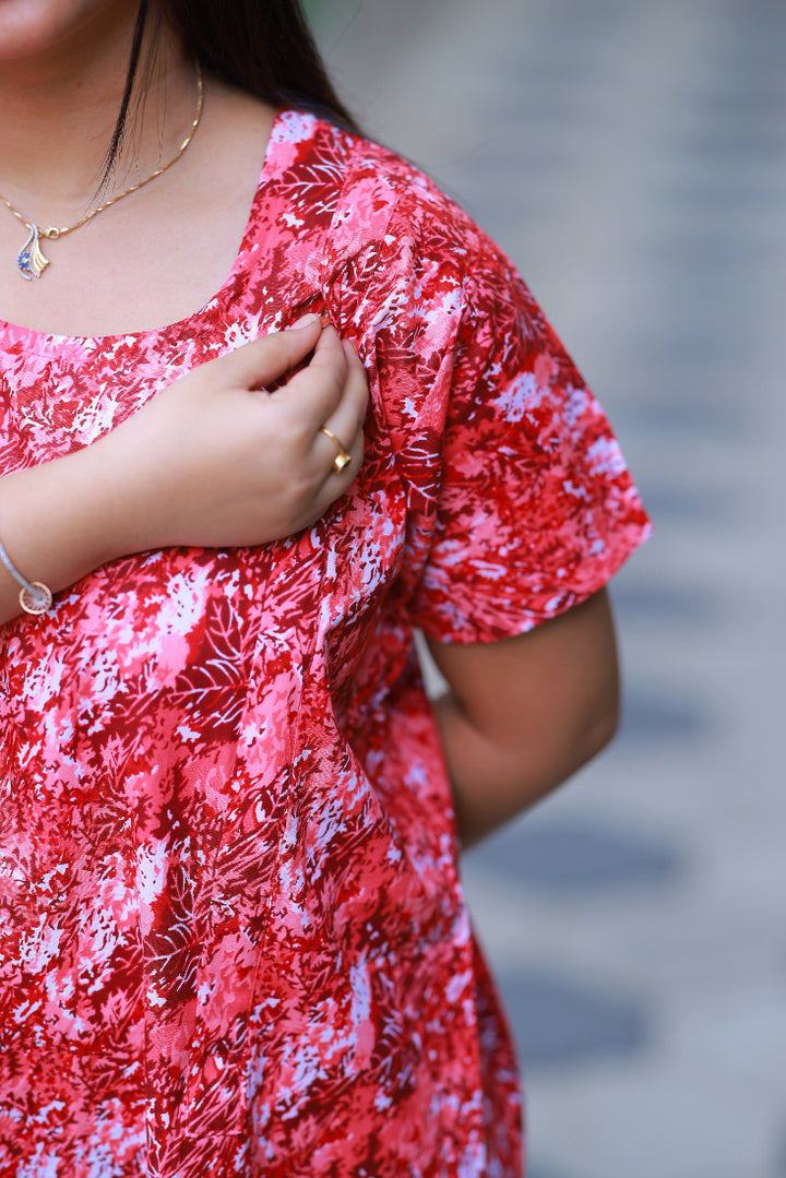 Drak Pink With White Patti Design Vertical Side Zip Feeding Nighty - AHA Nightwears