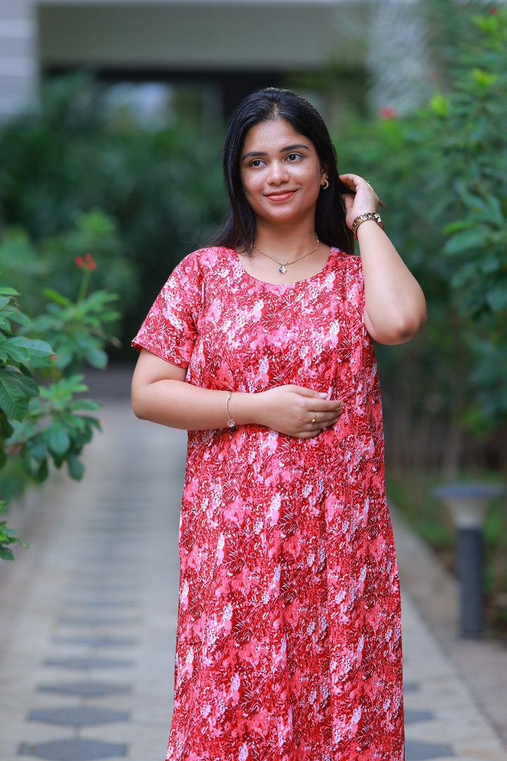 Drak Pink With White Patti Design Vertical Side Zip Feeding Nighty - AHA Nightwears