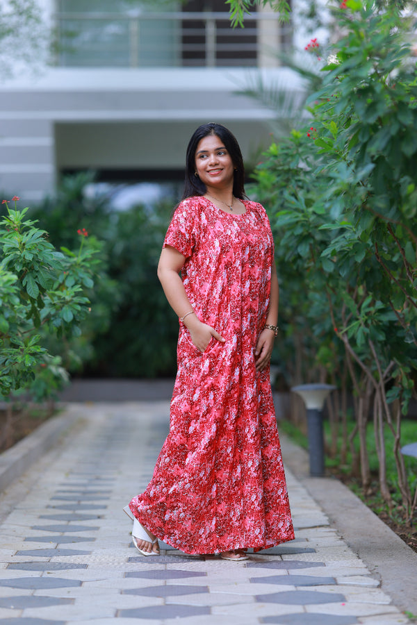 Drak Pink With White Patti Design Vertical Side Zip Feeding Nighty - AHA Nightwears