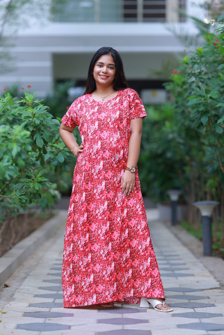 Drak Pink With White Patti Design Vertical Side Zip Feeding Nighty - AHA Nightwears