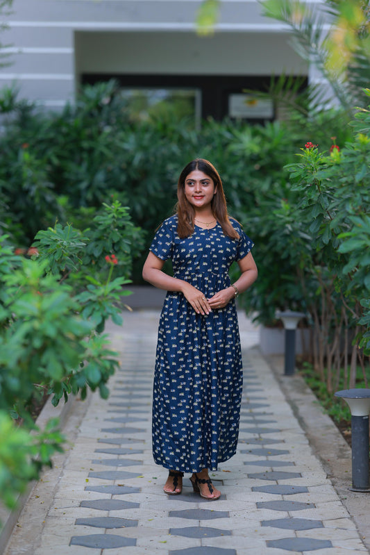 Drak navy blue with  pineapple desinge center zip Frock