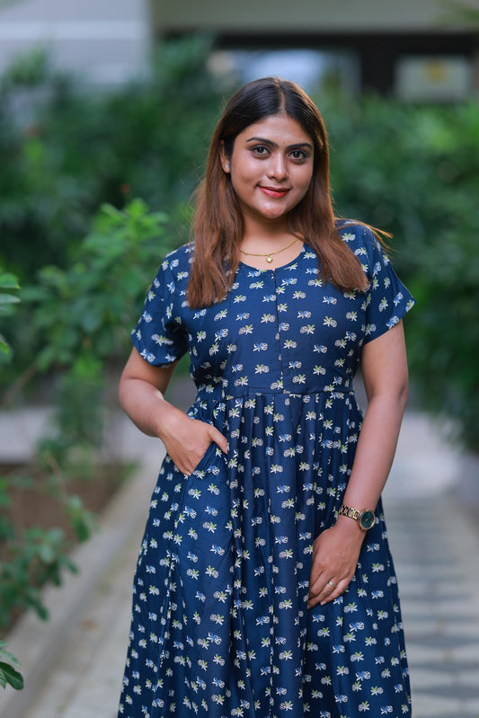 Drak navy blue with  pineapple desinge center zip Frock