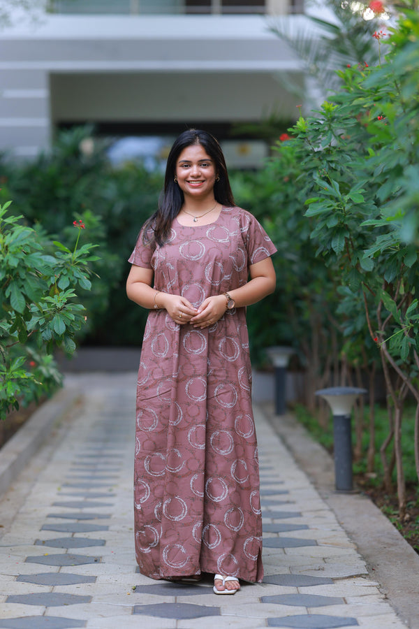 Shade Of Brown With White Patti Design Vertical Side Zip Feeding Nighty - AHA Nightwears