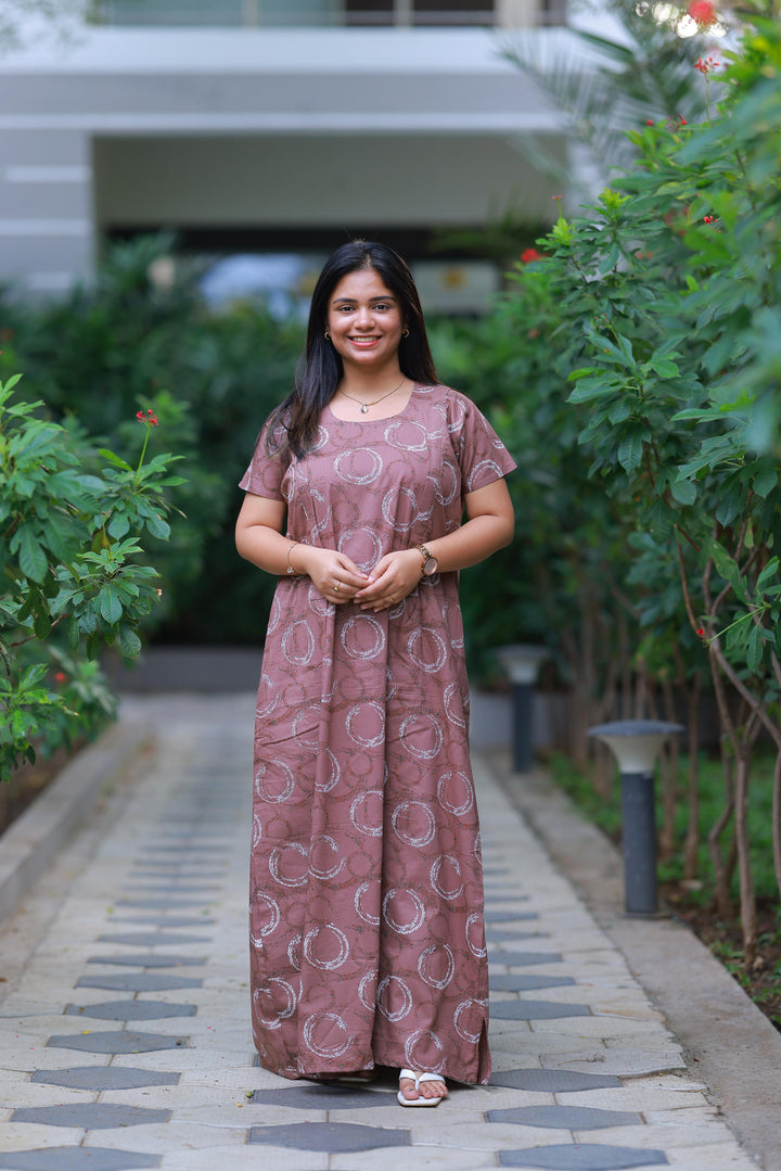 Shade Of Brown With White Patti Design Vertical Side Zip Feeding Nighty - AHA Nightwears