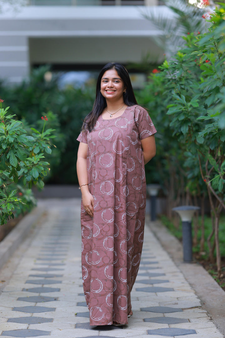 Shade Of Brown With White Patti Design Vertical Side Zip Feeding Nighty - AHA Nightwears