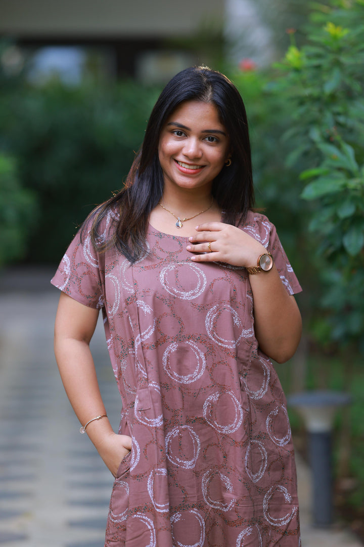 Shade Of Brown With White Patti Design Vertical Side Zip Feeding Nighty - AHA Nightwears