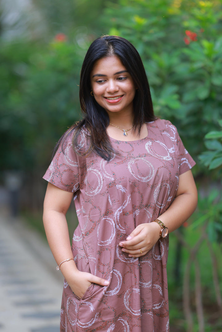 Shade Of Brown With White Patti Design Vertical Side Zip Feeding Nighty - AHA Nightwears