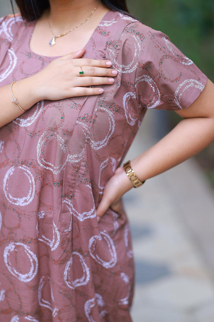 Shade Of Brown With White Patti Design Vertical Side Zip Feeding Nighty - AHA Nightwears