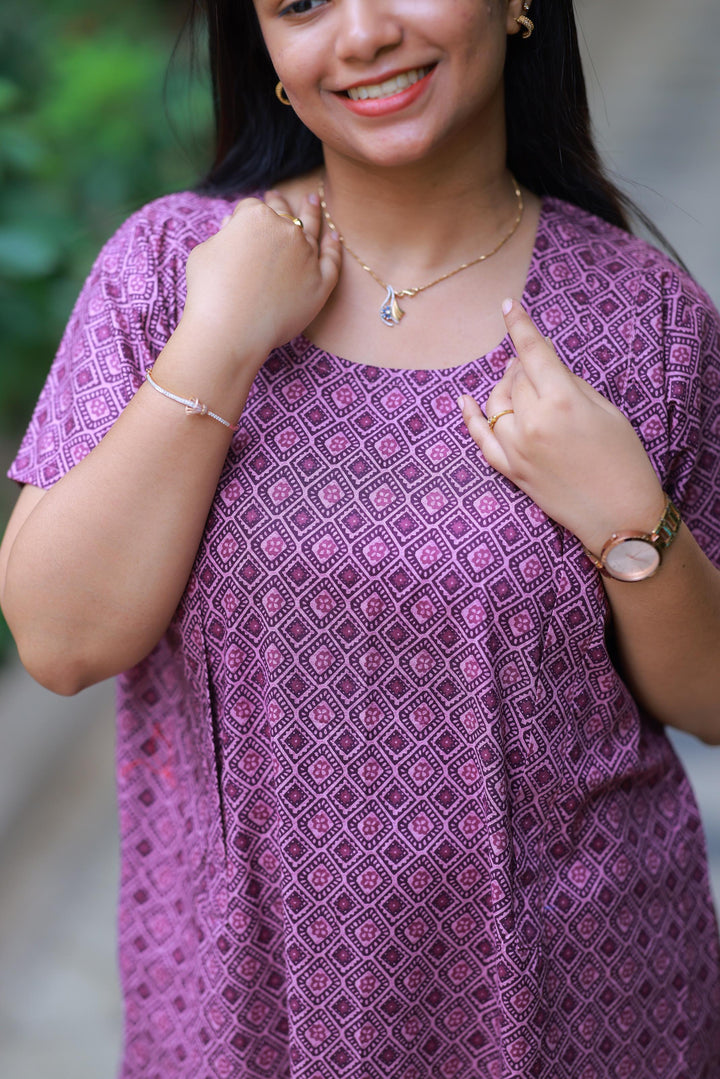 Dark Purpule With Diamond Pattern Patti Design Vertical Side Zip Feeding Nighty - AHA Nightwears