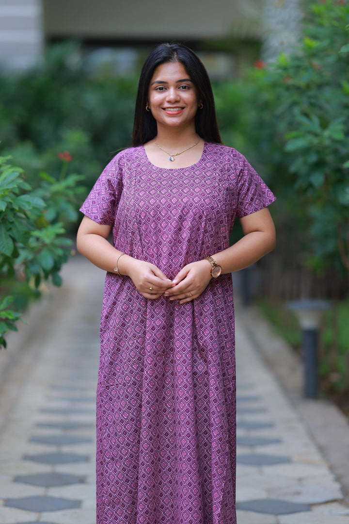 Dark Purpule With Diamond Pattern Patti Design Vertical Side Zip Feeding Nighty - AHA Nightwears