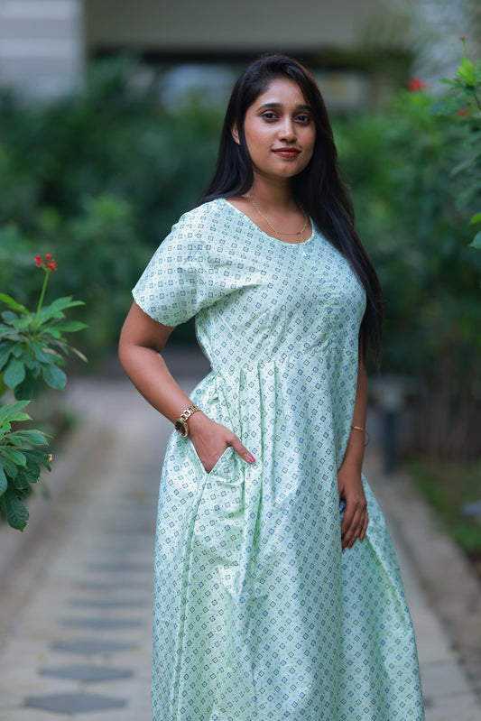 Light Green with Black design Premium center zip Frock - AHA Nightwears