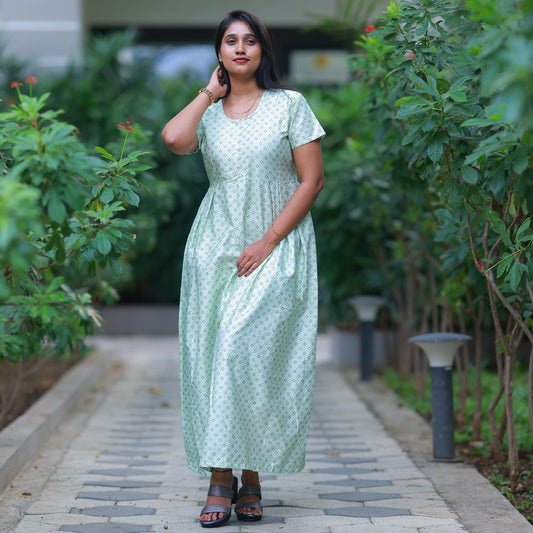 Light Green with Black design Premium center zip Frock - AHA Nightwears