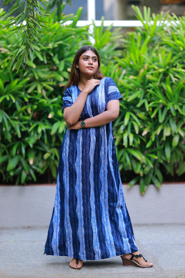 Dark Blue With Light Blue Line Design Invisible Center Zip Feeding Nighty