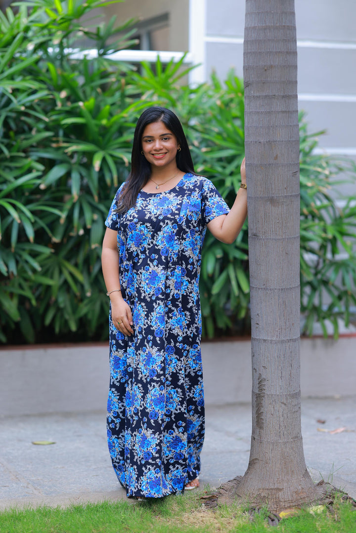 Dark navy Blue With Flower & Patti Design Invisible Center Zip Feeding Nighty - AHA Nightwears