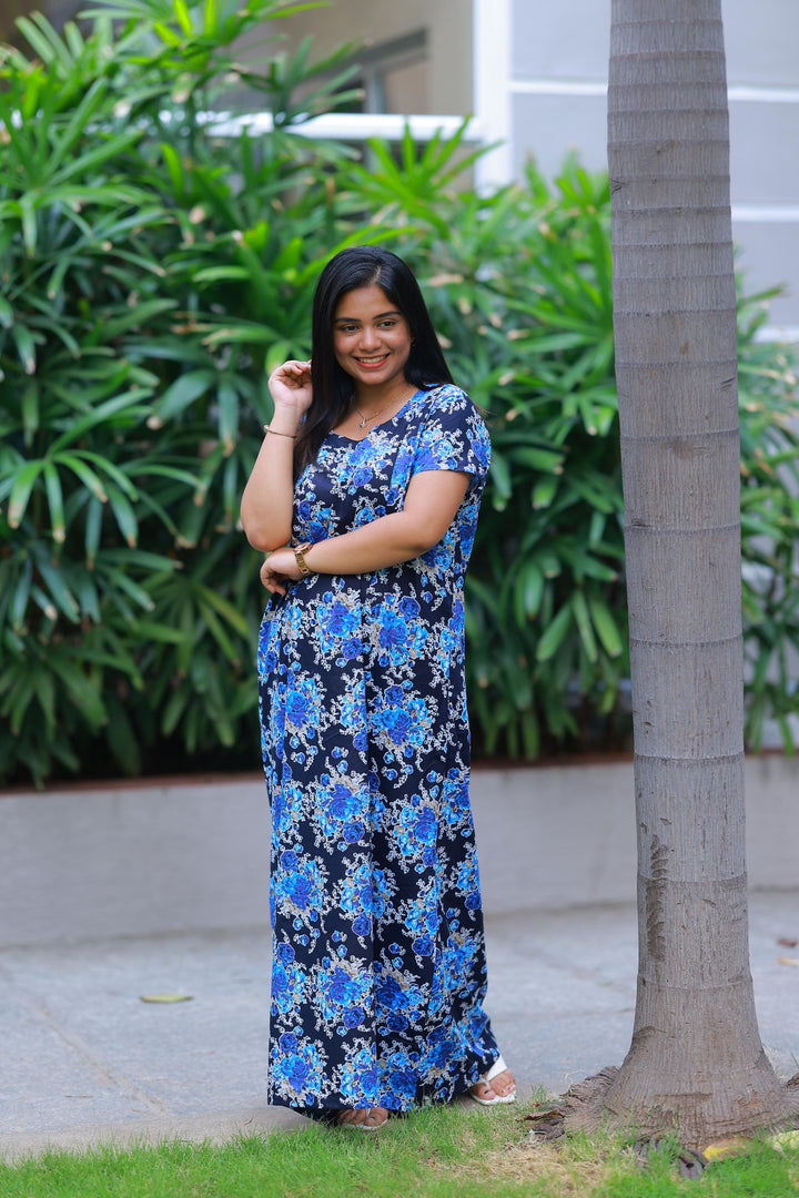 Dark navy Blue With Flower & Patti Design Invisible Center Zip Feeding Nighty - AHA Nightwears