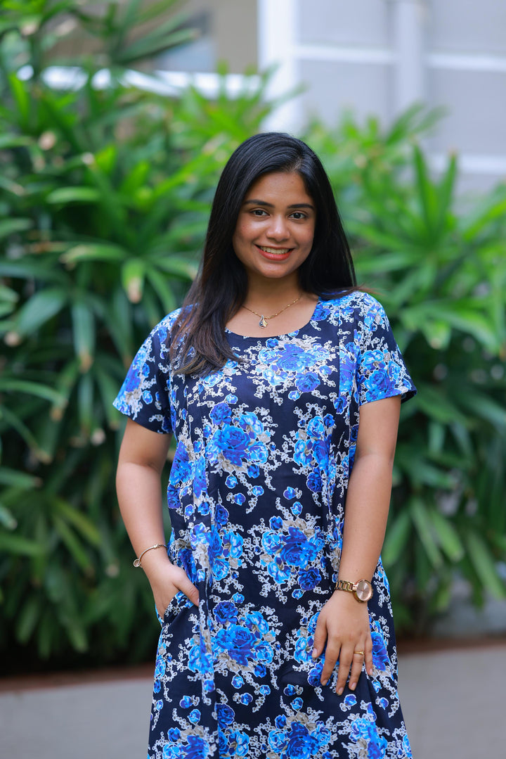 Dark navy Blue With Flower & Patti Design Invisible Center Zip Feeding Nighty - AHA Nightwears