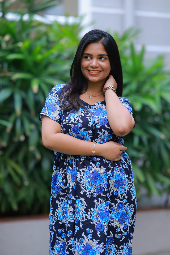 Dark navy Blue With Flower & Patti Design Invisible Center Zip Feeding Nighty - AHA Nightwears