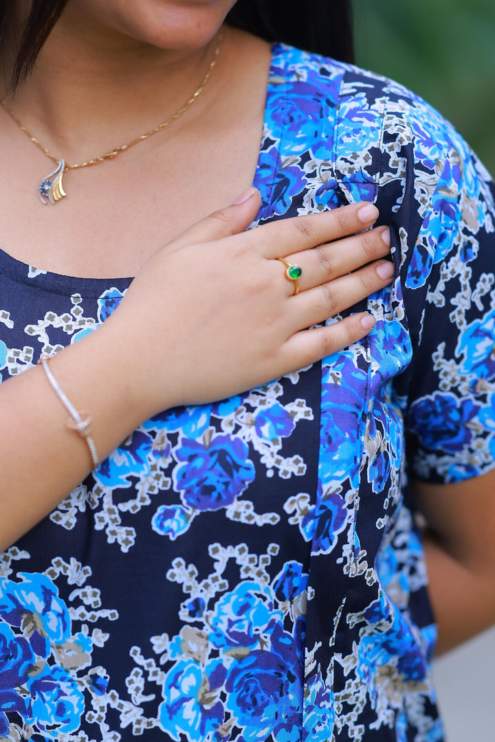 Dark navy Blue With Flower & Patti Design Invisible Center Zip Feeding Nighty - AHA Nightwears