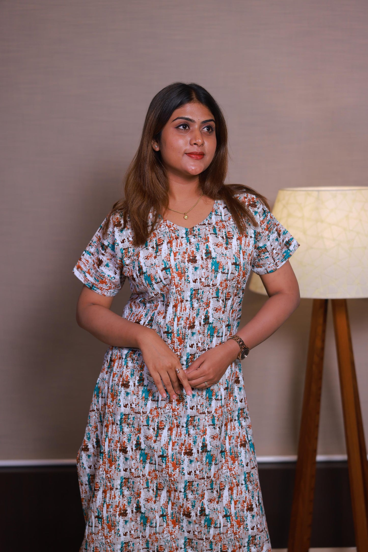 Gray With Multy Colour Midi gown Nighty