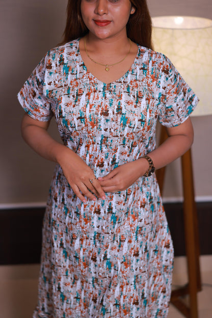 Gray With Multy Colour Midi gown Nighty