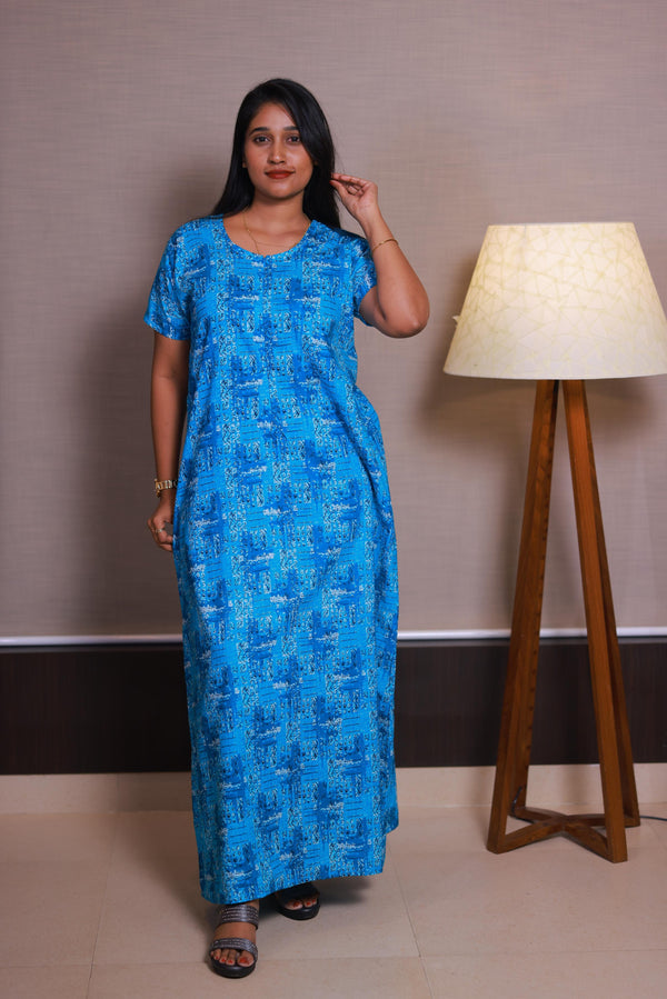 Dark Cyan With white Floral  Design Invisible Center Zip Feeding Nighty