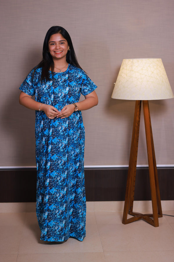 Dark Blue With White Flower Design Invisible Center Zip Feeding Nighty