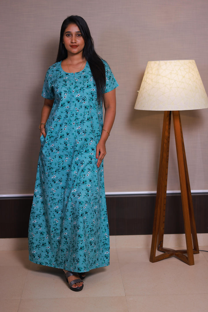 Mint Green With Light Green Flower Design Invisible Center Zip Feeding Nighty - AHA Nightwears