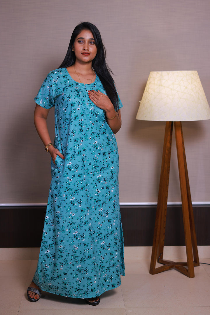Mint Green With Light Green Flower Design Invisible Center Zip Feeding Nighty - AHA Nightwears