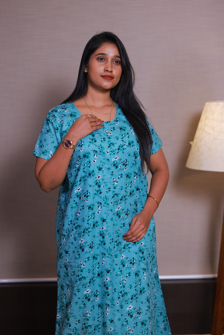 Mint Green With Light Green Flower Design Invisible Center Zip Feeding Nighty - AHA Nightwears