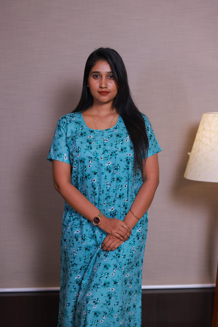 Mint Green With Light Green Flower Design Invisible Center Zip Feeding Nighty - AHA Nightwears