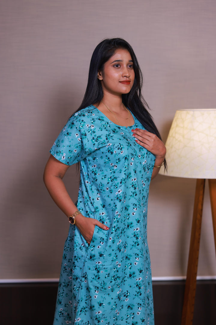 Mint Green With Light Green Flower Design Invisible Center Zip Feeding Nighty - AHA Nightwears
