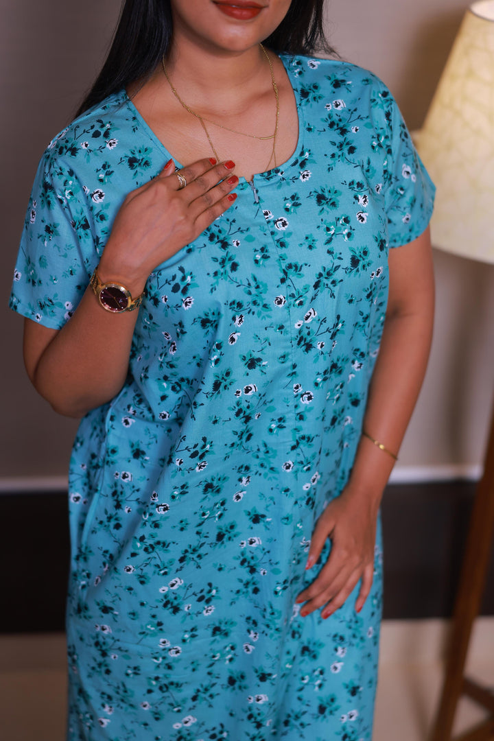 Mint Green With Light Green Flower Design Invisible Center Zip Feeding Nighty - AHA Nightwears