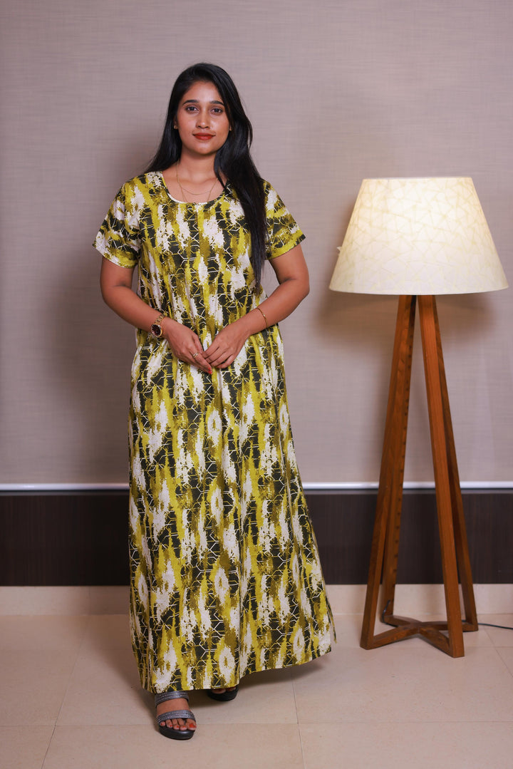 Light Green With Dark Green Floral Design Invisible Center Zip Feeding Nighty - AHA Nightwears