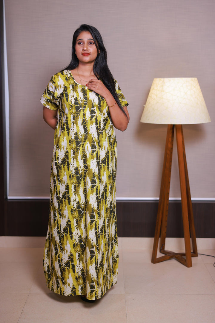 Light Green With Dark Green Floral Design Invisible Center Zip Feeding Nighty - AHA Nightwears