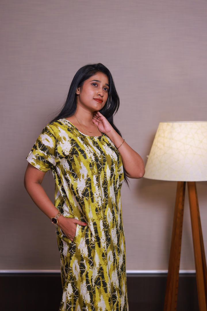 Light Green With Dark Green Floral Design Invisible Center Zip Feeding Nighty - AHA Nightwears