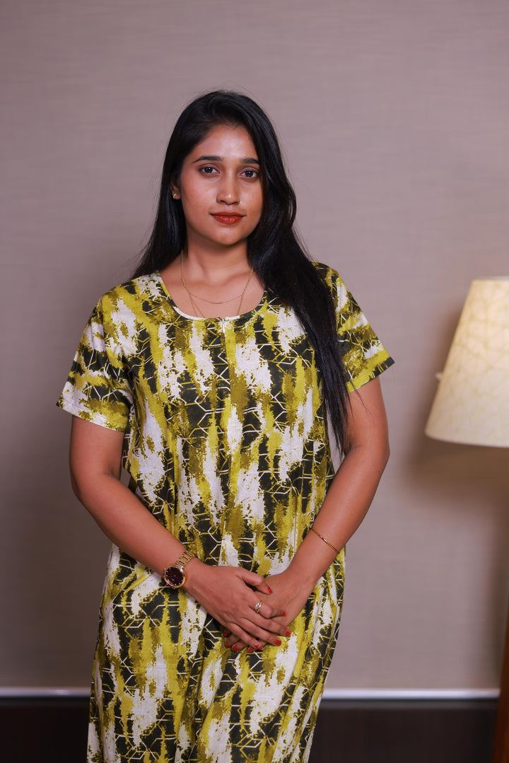 Light Green With Dark Green Floral Design Invisible Center Zip Feeding Nighty - AHA Nightwears